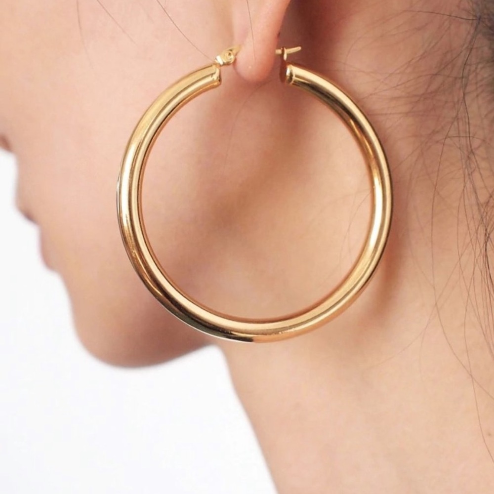 NEW 18K Yellow Gold Round 1.2” Tube Hoop Earrings